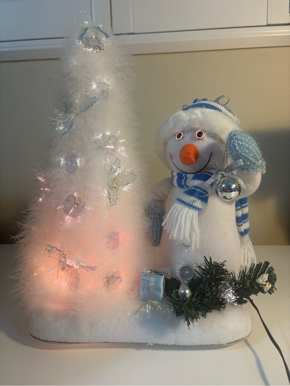 Festive Snowman Ornament with White Feather Tree and Blue Accents - Unbranded